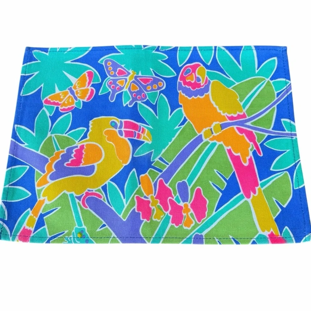 Vintage Tropical Fish Parrots Placemat Set Bright Colorful Fun Indoor Outdoor